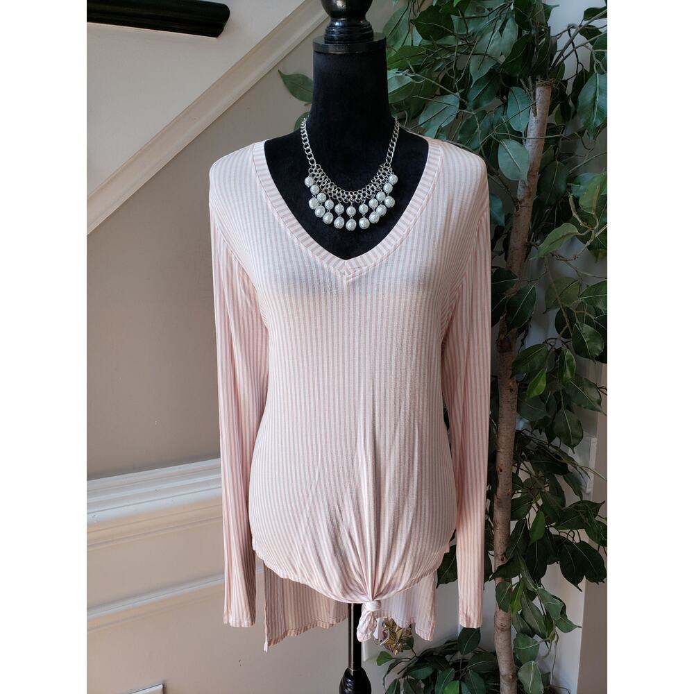 Love Fire Blouse Top Women's XL Pink White Striped Knot Hem V Neck High Low Slit